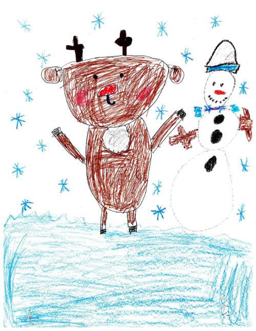 Childrens drawing of a reindeer and snowman. 